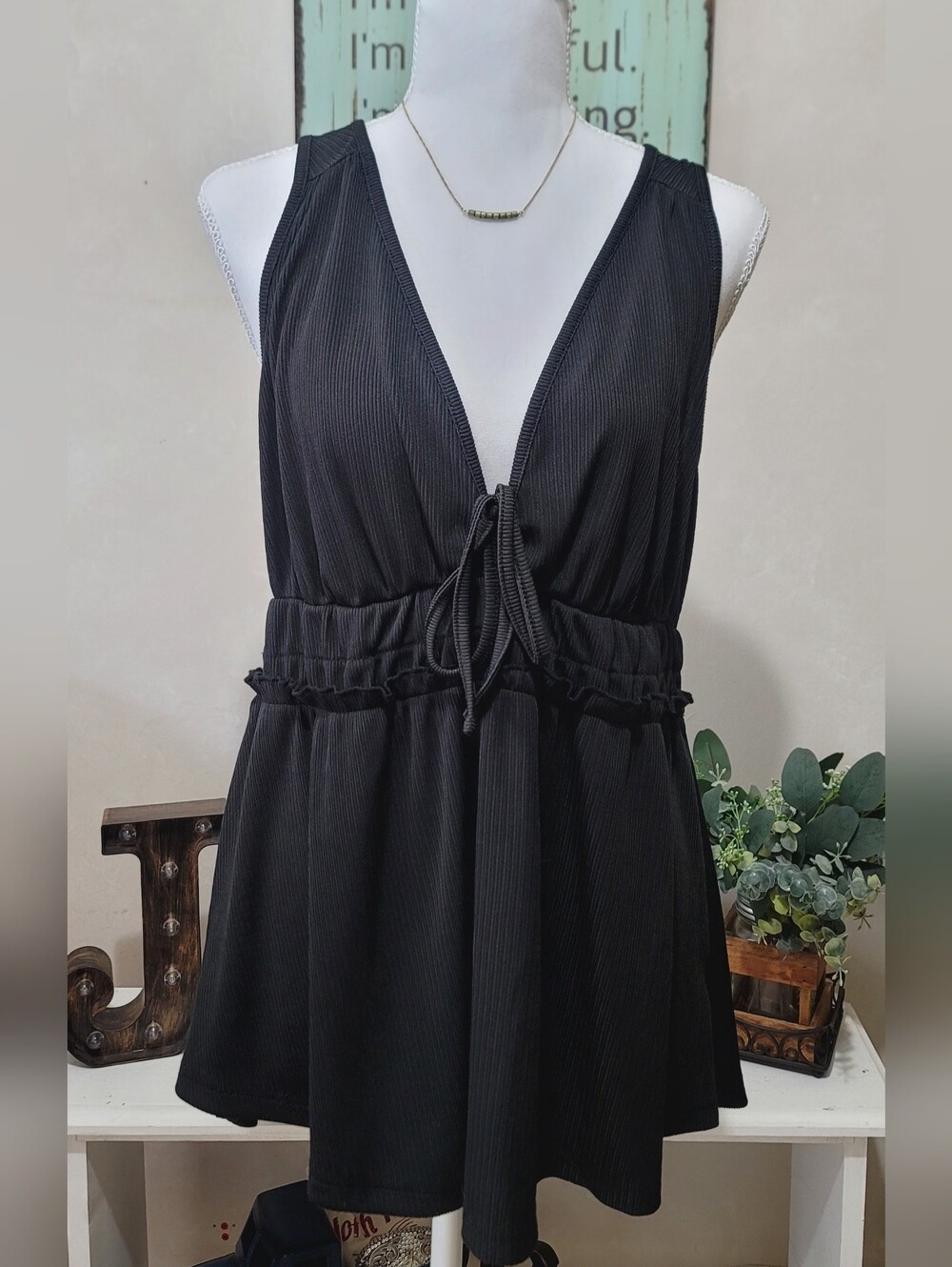 NEW Black Deep V-Neck Tie Waist Sleeveless Ribbed Tank Top